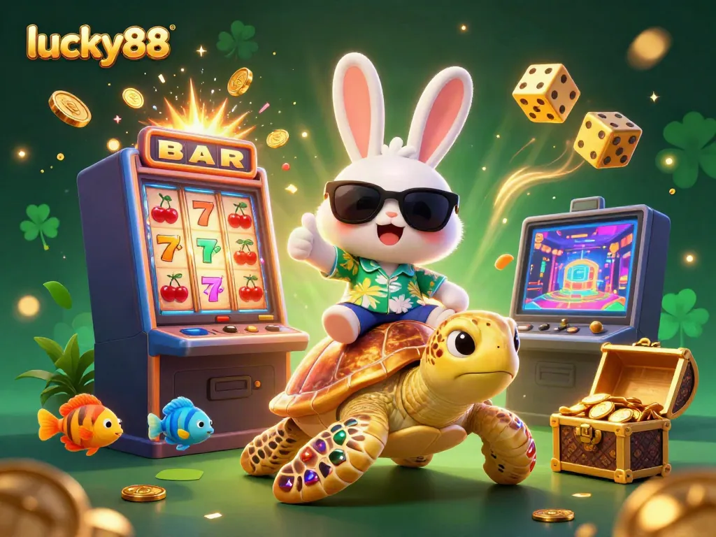 Experience exciting gameplay at lucky88 with a charming lucky rabbit and golden turtle against vibrant casino elements.