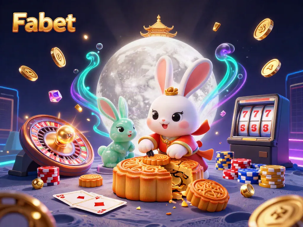 Experience Fabet with the moon rabbit unveiling poker chips while gaming elements sparkle around.