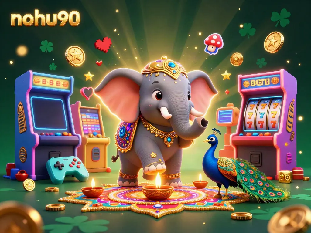 Nohu90 combines vibrant gaming visuals with lively casino elements, featuring a Diwali elephant and peacock.