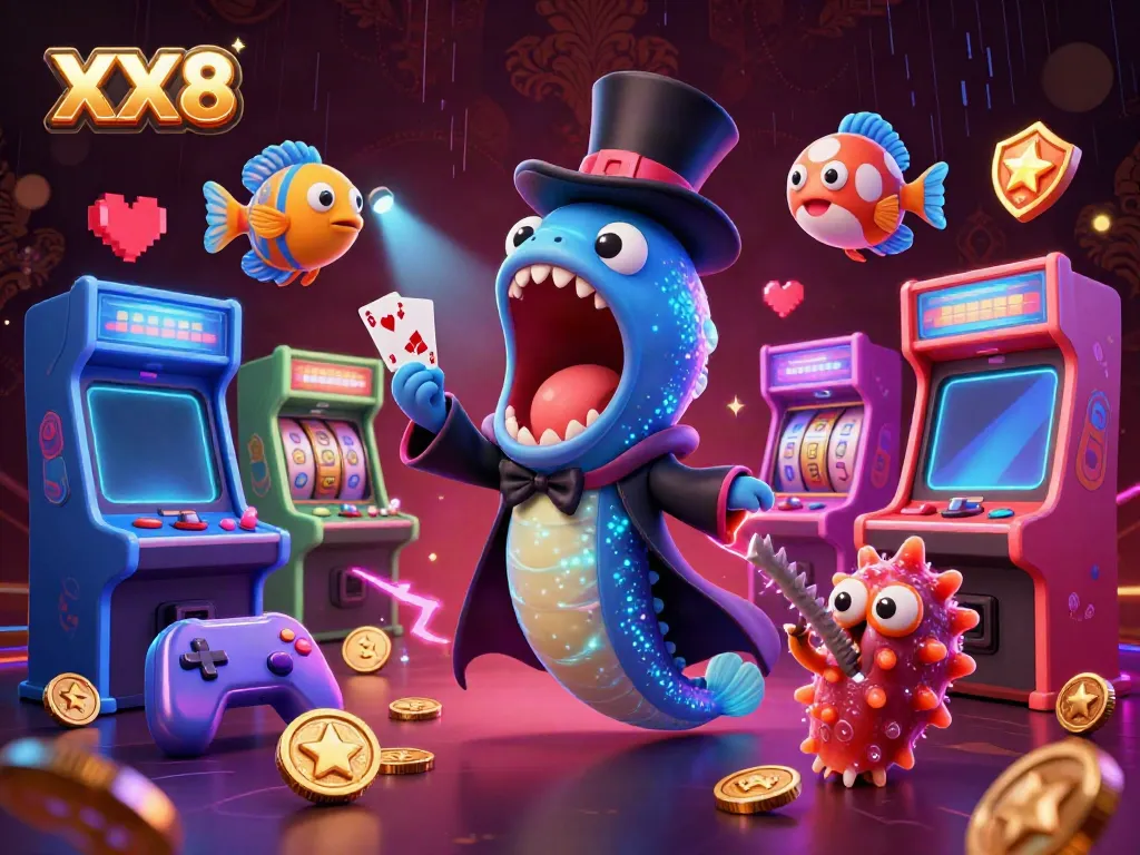 Experience thrilling casino magic with XX8, featuring a bioluminescent eel in a magician's cape and interactive gaming elements.