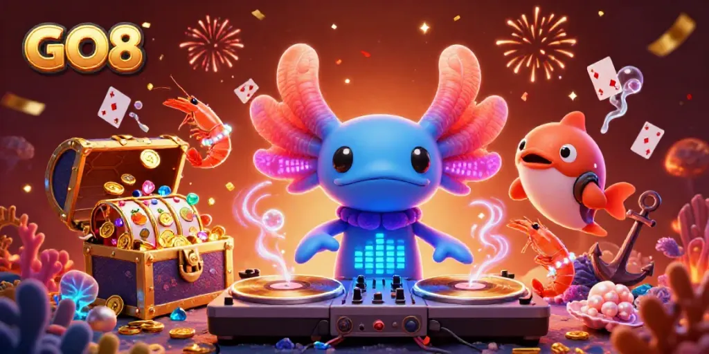 GO8 features a vibrant casino scene with a neon-colored DJ and treasure elements.