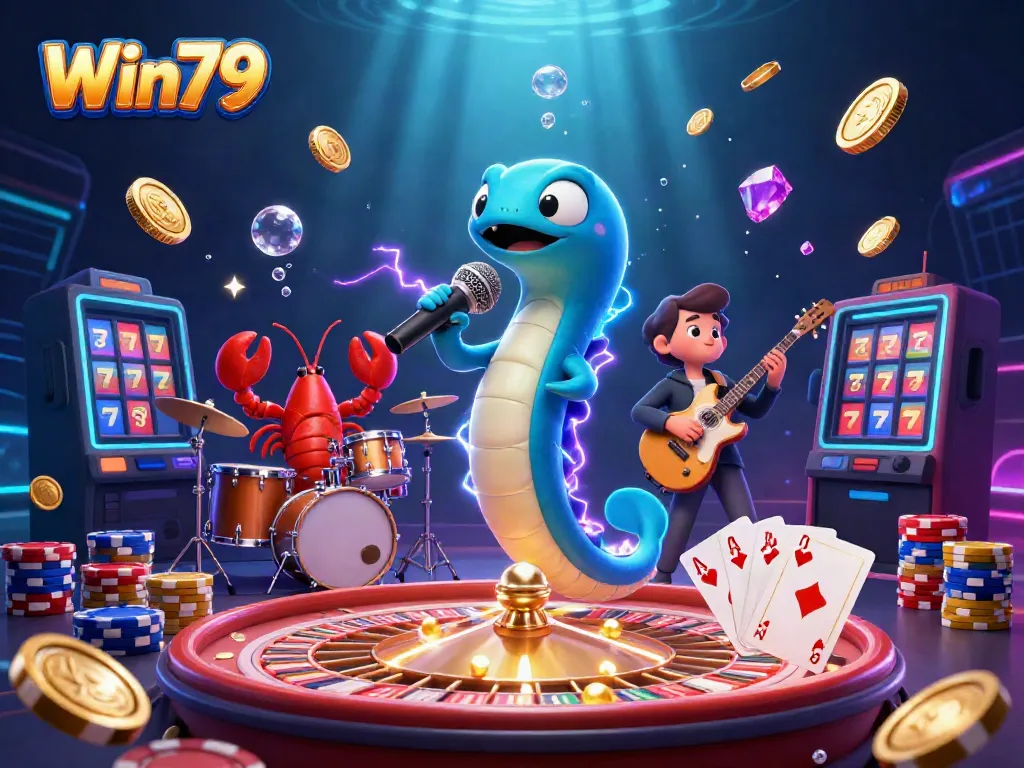 Win79's electrifying underwater casino scene featuring a DJing eel, dynamic games, and vibrant elements.
