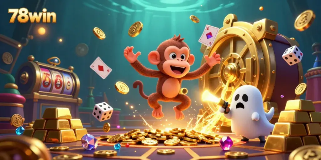 Experience the thrill of 78win with a poltergeist monkey juggling treasures in a haunted casino.
