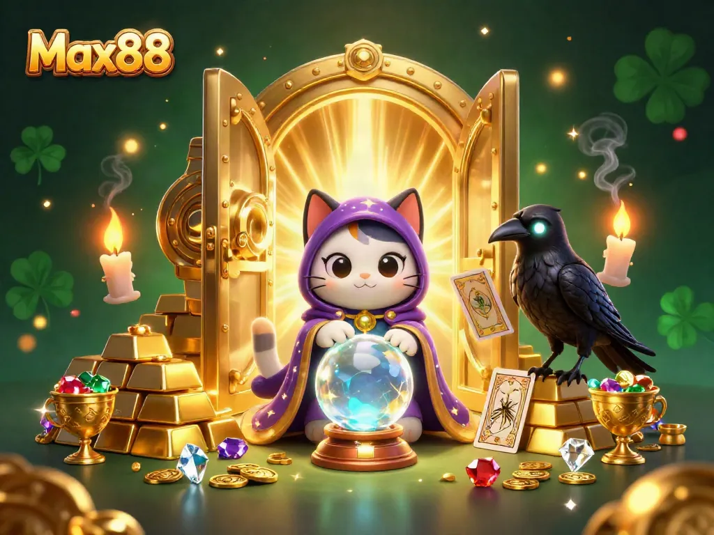 Experience thrilling gameplay at Max88 with a mystical scene showcasing winning characters and casino treasures.