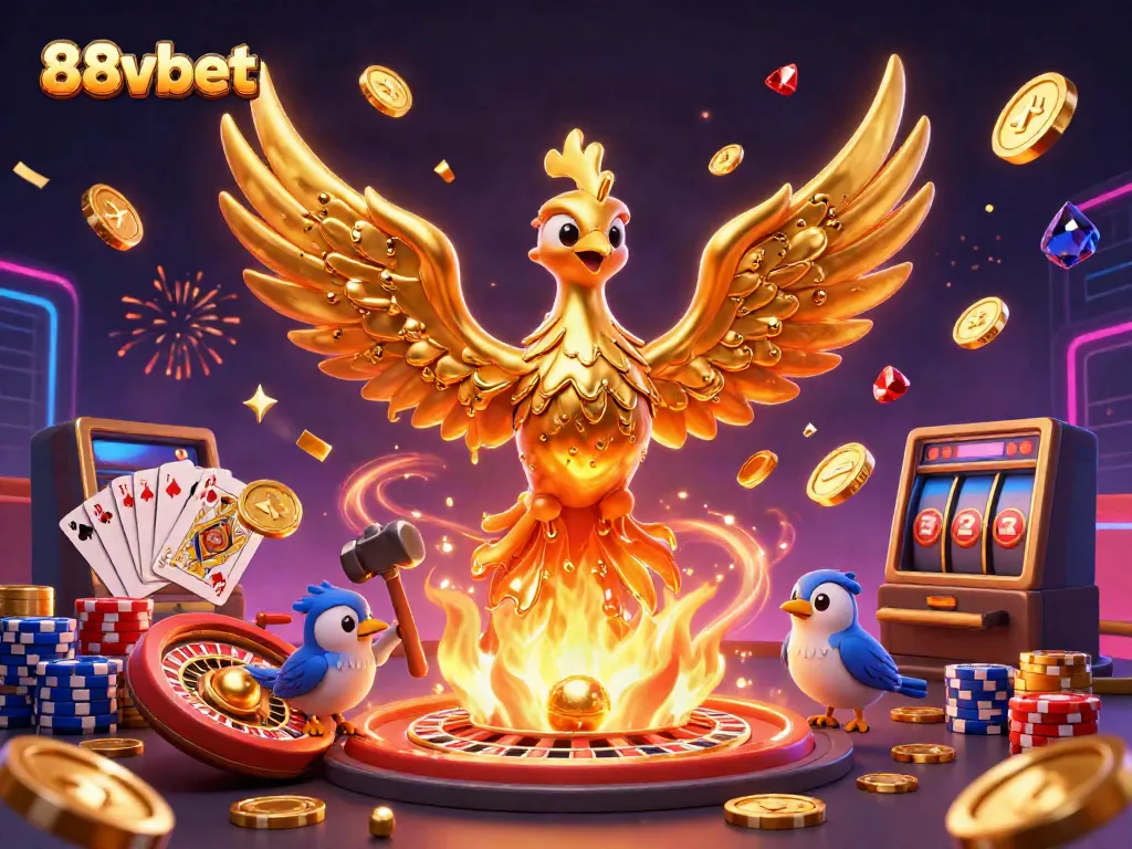 Experience the thrill of 88vbet with a dynamic scene showcasing a golden phoenix and casino symbols.