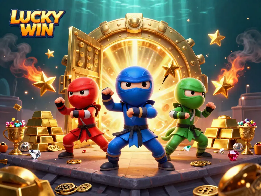 Experience the LUCKY WIN adventure with ninja chameleons in a vibrant casino atmosphere, showcasing exciting gambling elements.