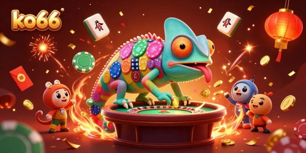Experience vibrant casino action with KO66's colorful chameleon owner and festive game elements.