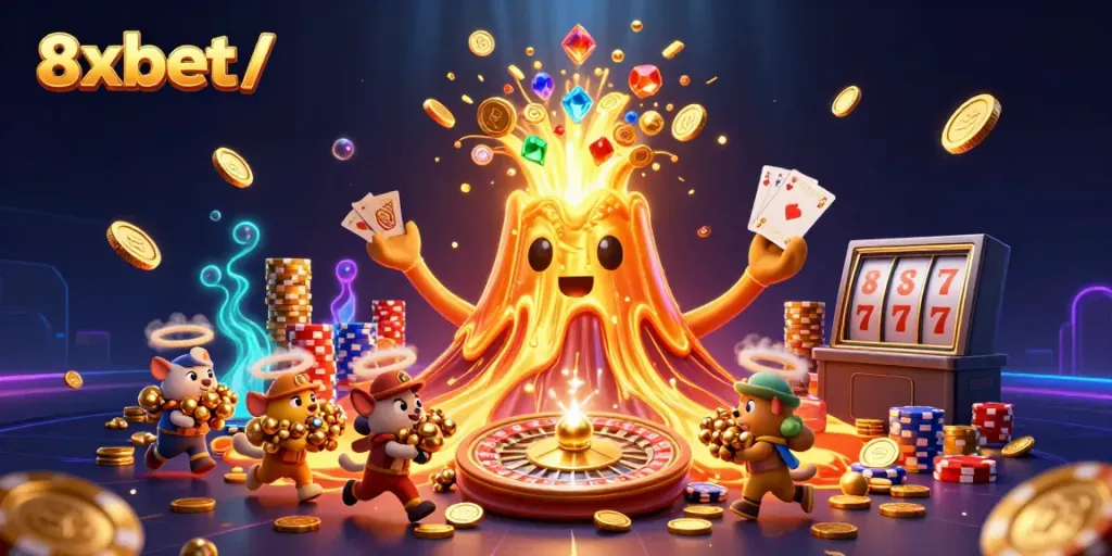 Experience thrilling wins at 8xbet/ with a triumphant golden volcano erupting in coins and treasures.