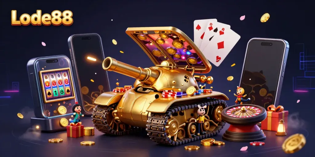 Engage with Lode88, a dynamic 3D casino illustration showcasing vibrant gaming elements and confetti-filled excitement.