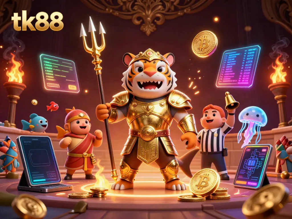 Engage in thrilling gameplay with tk88 in a vibrant underwater arena dominated by a tiger shark warrior.
