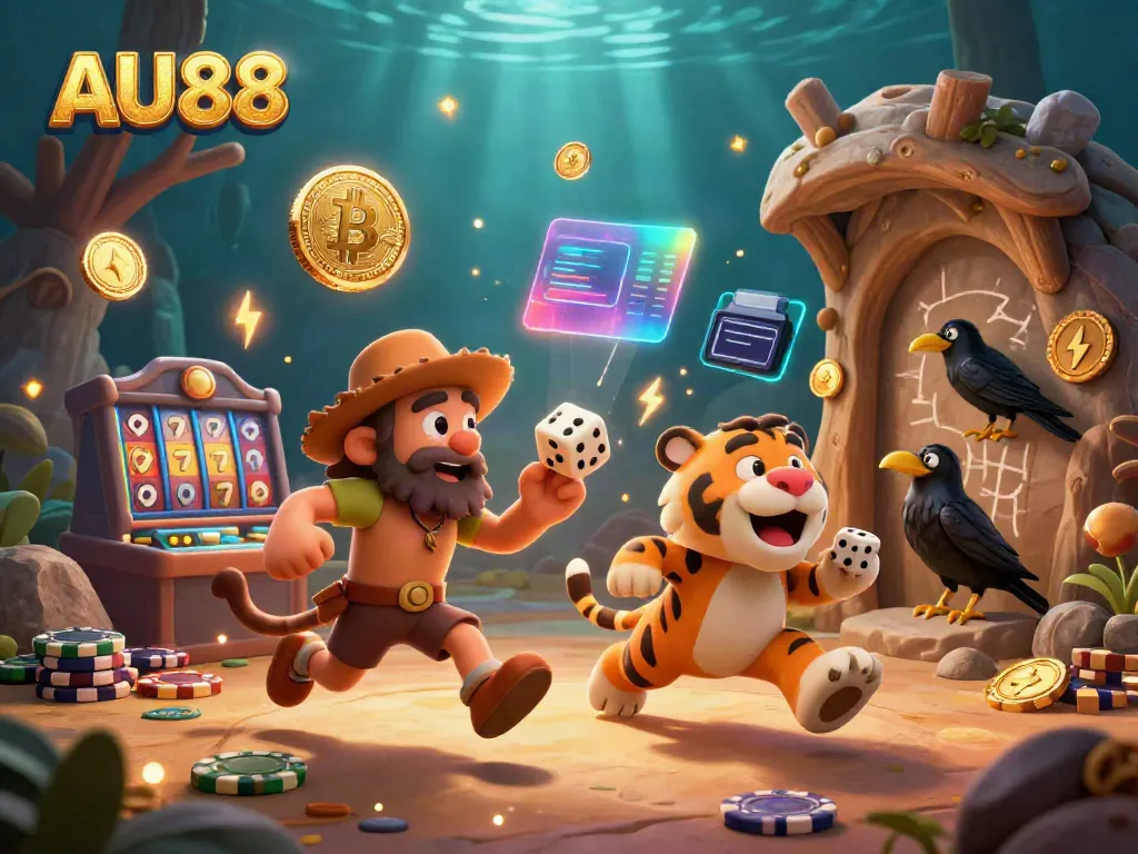 Experience thrilling gameplay with AU88's vibrant casino scene featuring caveman characters and crypto elements.