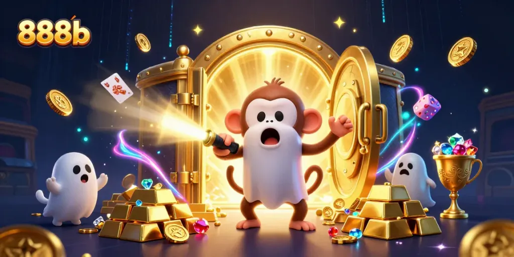 Engage in exciting casino action with 888b's vibrant 3D illustration showcasing a playful poltergeist monkey and a curious puppy hunting for treasures.
