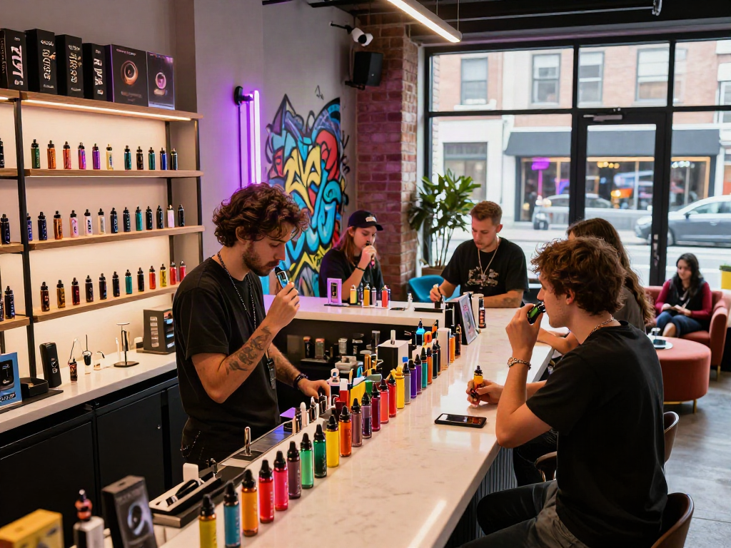 Friends enjoying raz vape flavors in a vibrant, trendy vape shop with e-liquids and accessories.