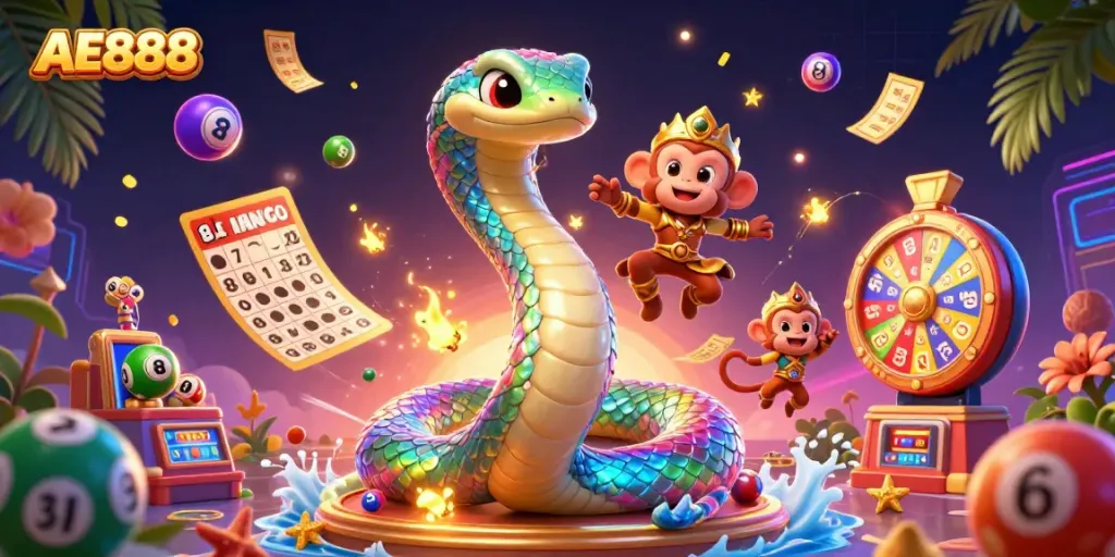 Win exciting rewards with AE888's vibrant casino games in this mesmerizing 3D illustration.
