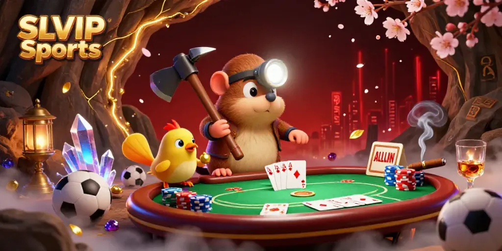 Engage in SLVIP Sports with a 3D treasure hunter and sports gambling elements in vibrant illustration.