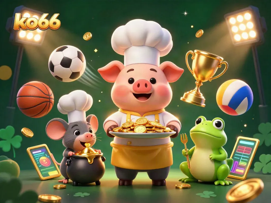 Engage with ko66's thrilling casino experience featuring gold coins, sports elements, and dynamic characters.