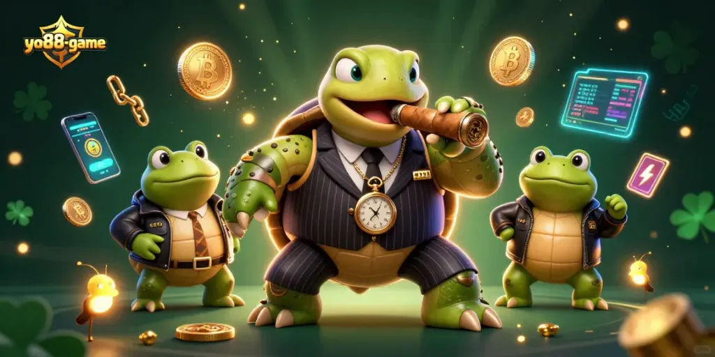 Engage with yo88-game at a vibrant casino scene featuring unique characters and crypto elements.