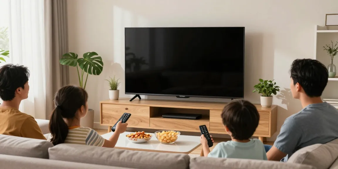 Family enjoying IPTV USA streaming services in a cozy living room setting.