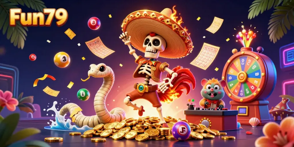 Experience exciting gambling action at Fun79 with animated characters celebrating over vibrant game elements.
