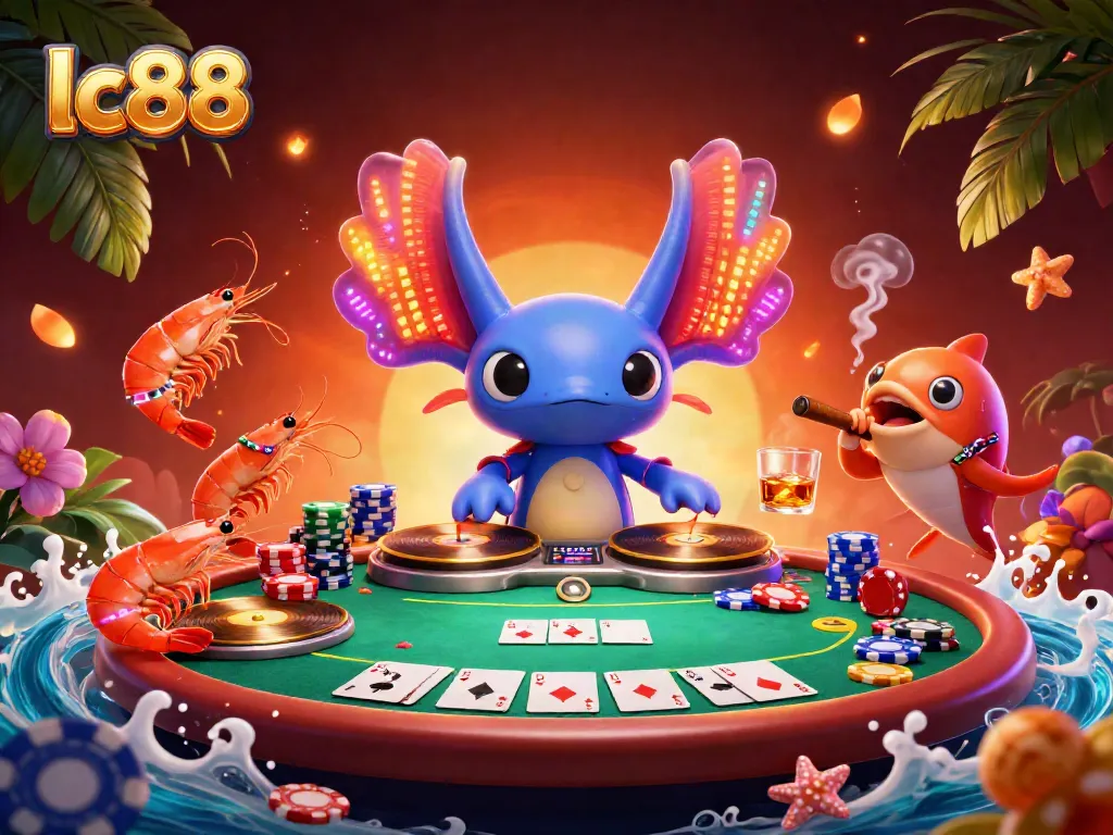 Experience the vibrant lc88 casino atmosphere with an axolotl DJ and energetic sea creatures.