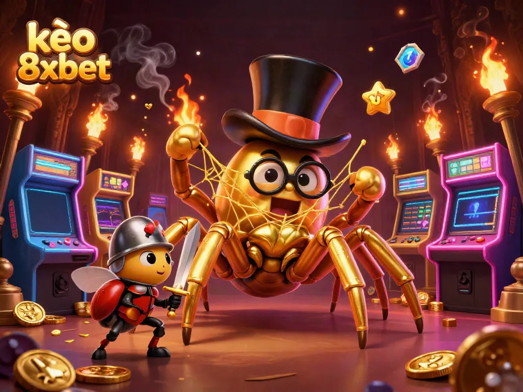 Experience the excitement of kèo 8xbet with a golden tarantula and beetle knight in a vibrant casino setting.