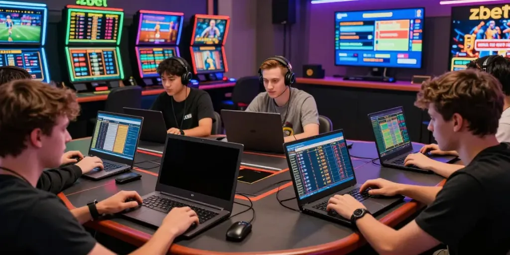 Players enjoying zbet in a vibrant online gaming lounge filled with excitement and screens.