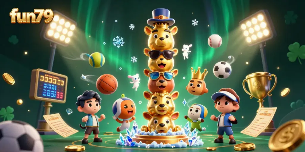 Engage in fun79's dynamic casino experience with vibrant characters and flying sports elements.