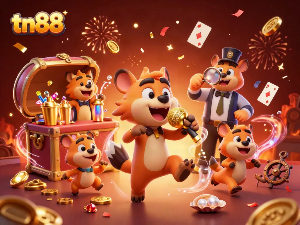 Experience the vibrant comedy casino scene with tn88 featuring hyenas, gold coins, and confetti.