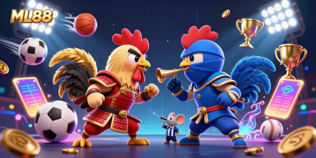 Join the thrilling action at ML88 with fighting roosters and dynamic sports elements.