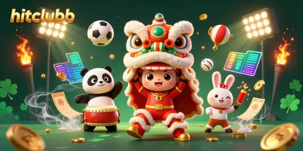Experience the excitement of hitclubb with a vibrant 3D lion dance, sports elements, and golden trophies.