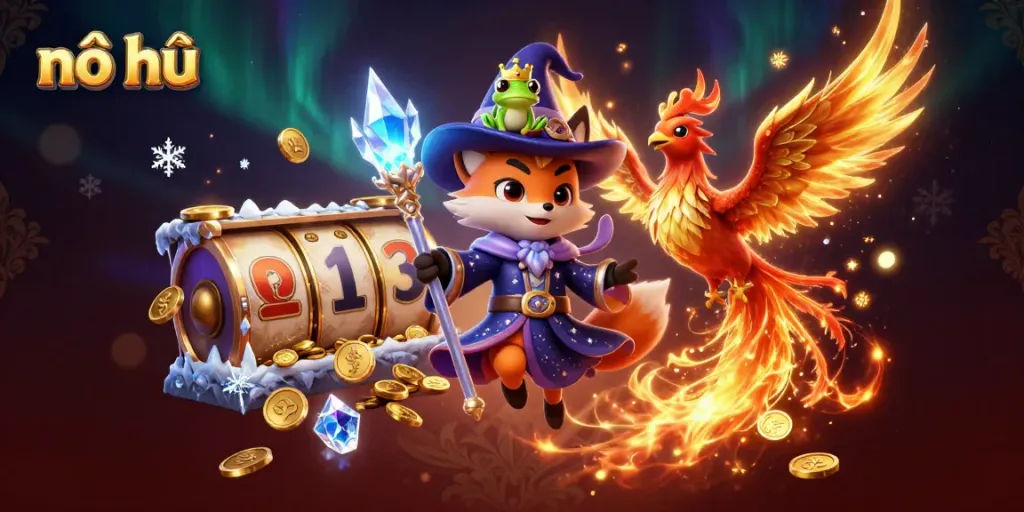 Engaging nổ hũ scene showing a mystical wizard fox with slot reels, surrounded by gold coins and dynamic elements.