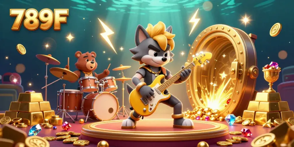 Experience the electrifying casino performance of 789F with a rock star wolf and drummer bear surrounded by treasure galore.