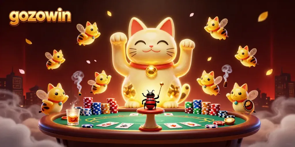 Experience goknighting excitement with gozowin's vibrant lucky cat, poker chips, and casino atmosphere.